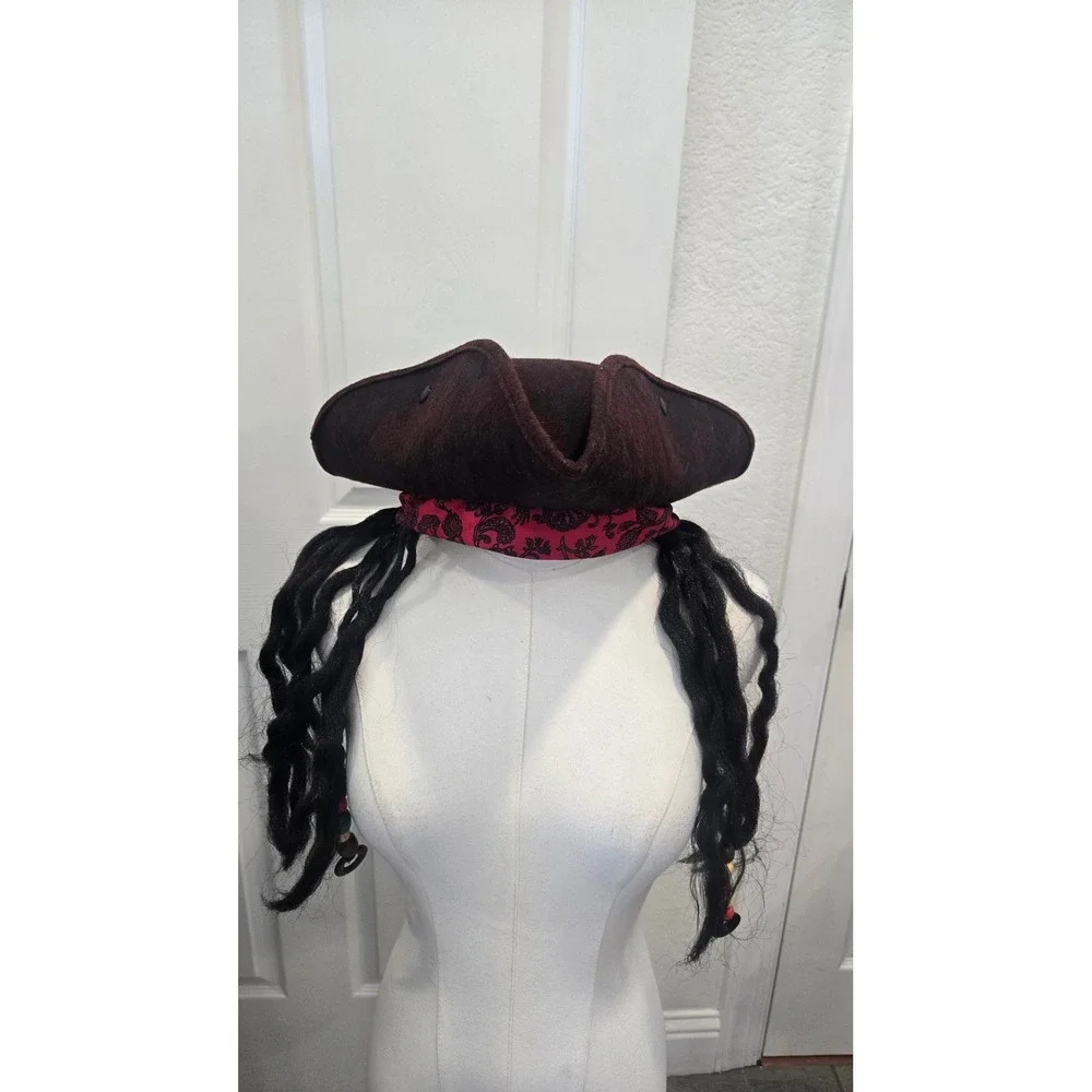 Nicky Bigs Novelties Pirate Tricorn Hat with Dreadlocks Bandana Beads Brown Red